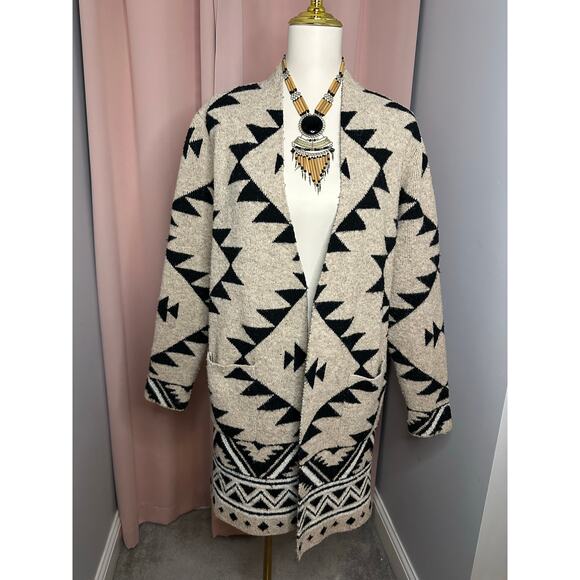 Frye Aztec Cozy Open Cardigan Patch Pockets Recycled Luxe Sz Large READ - Picture 2 of 11